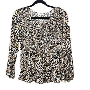 Leopard Print Blouse Maurices Womens Smocked Peplum Top SIze Medium